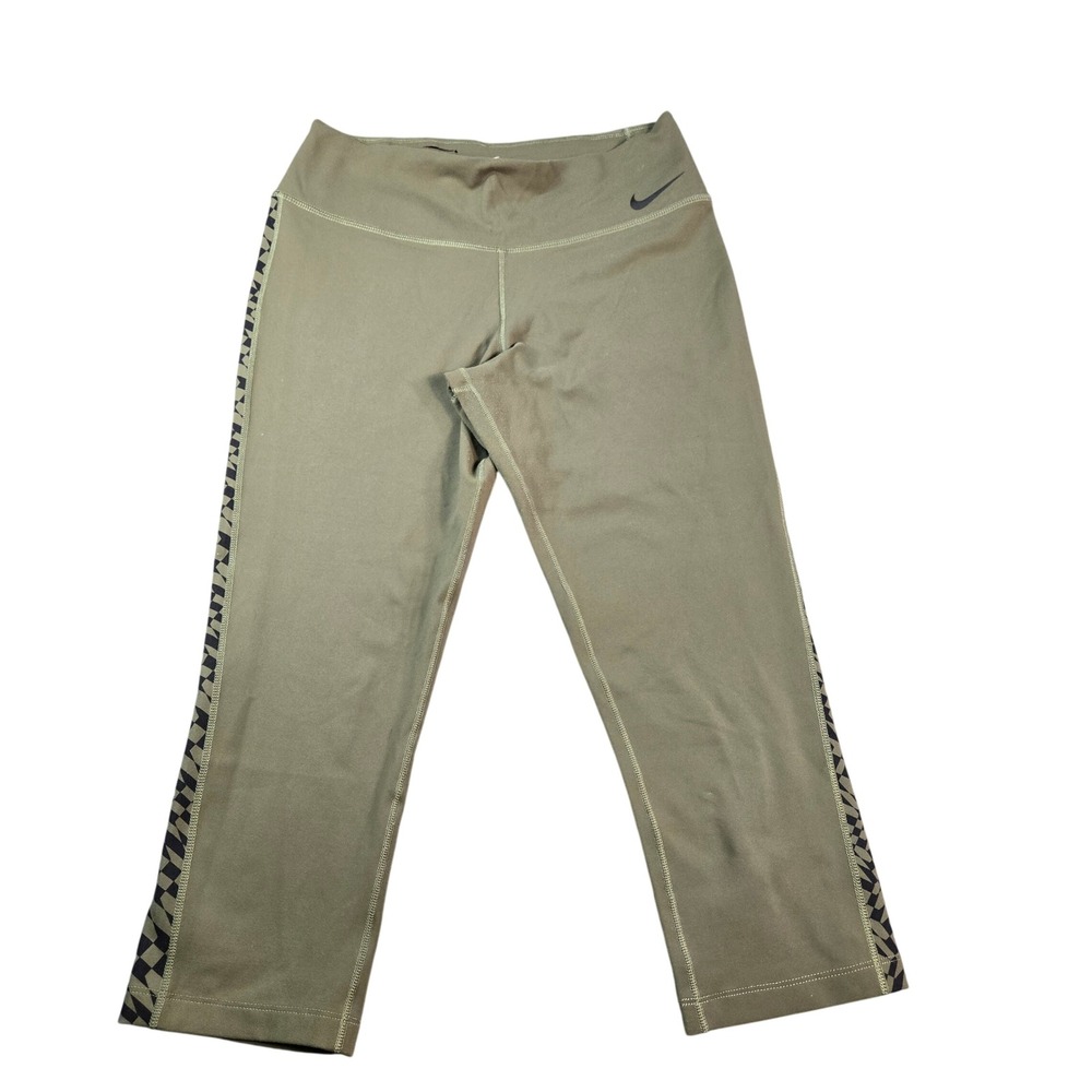 Nike Dri-FIT Womens Olive Green Cropped Leggings Checkered Side Stripe Sz Medium